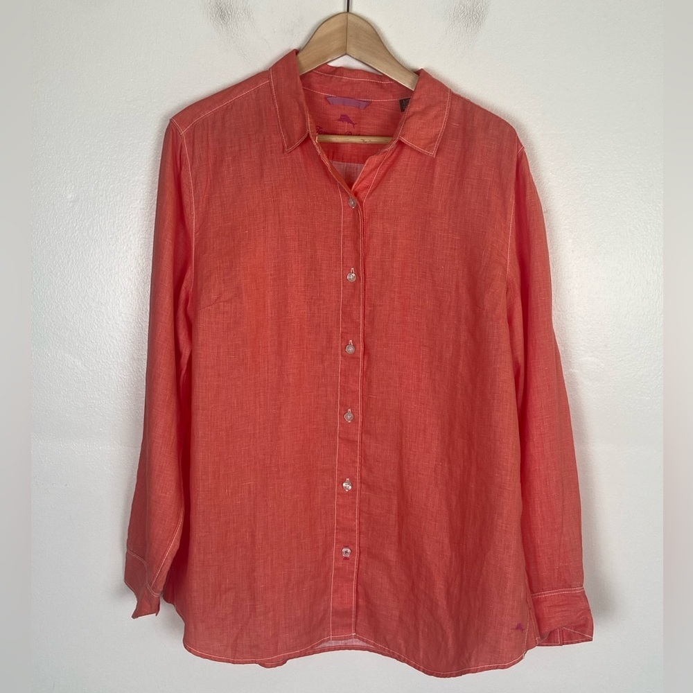 Tommy Bahama Women's Linen Button Down Shirt Size L Color Orange Long Sleeves